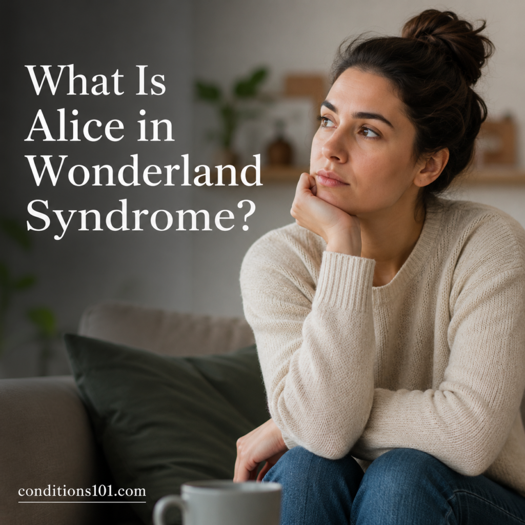Thoughtful adult woman sitting in a calm living room setting reflecting during an educational article about Alice in Wonderland Syndrome.