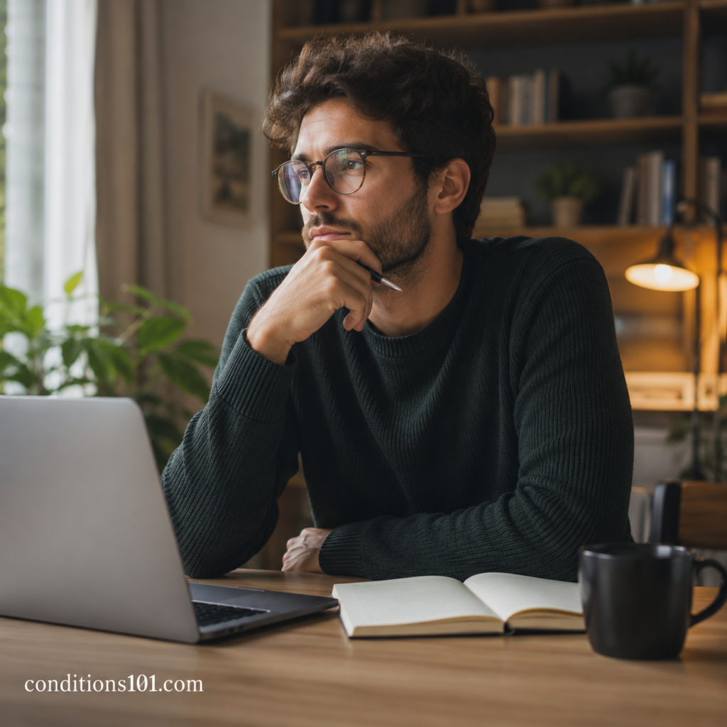 Adult man sitting in a calm home office setting during a thoughtful everyday moment related to perception and neurological health concepts.