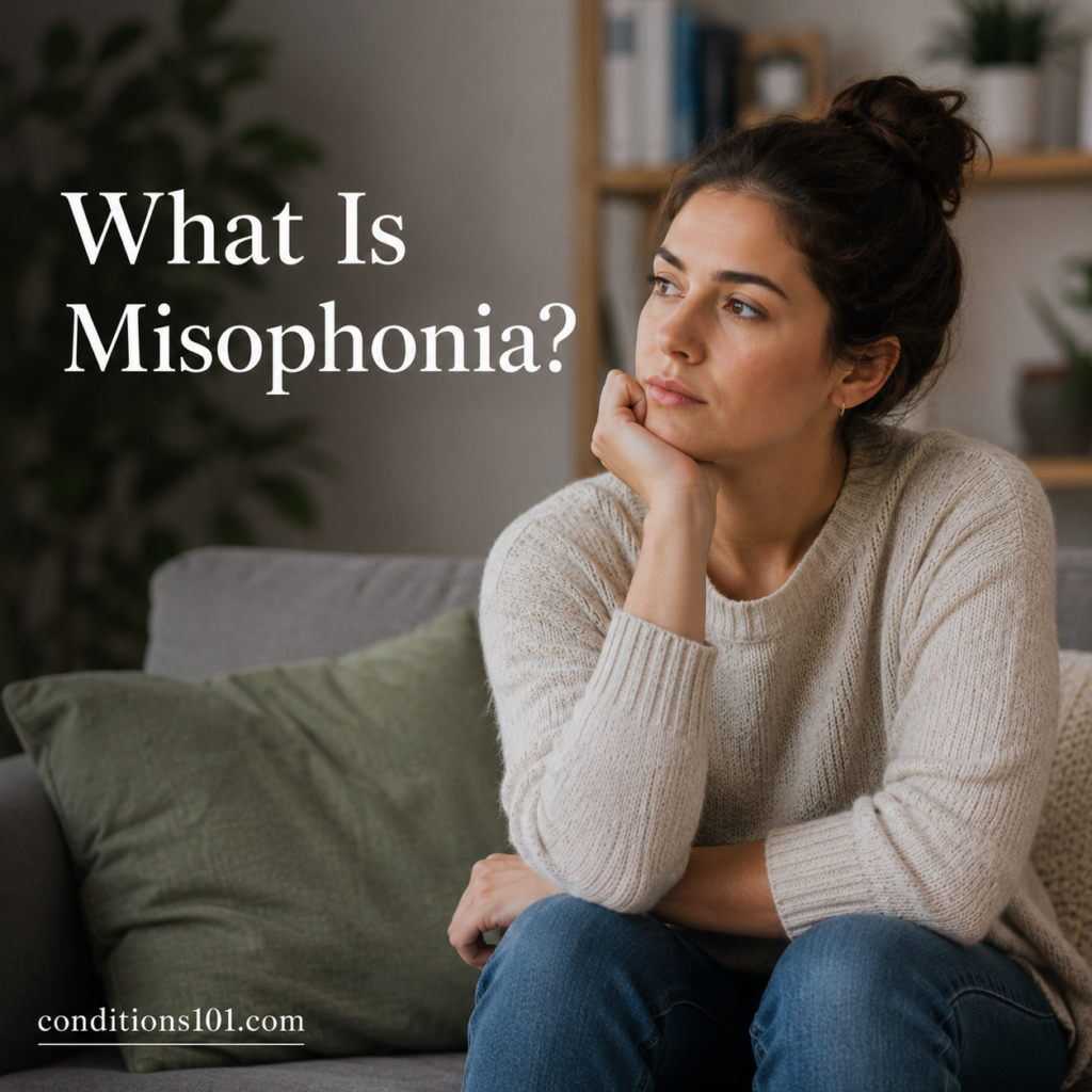 Thoughtful adult woman sitting in a calm living room setting reflecting during an educational article about misophonia and sound-related experiences.
