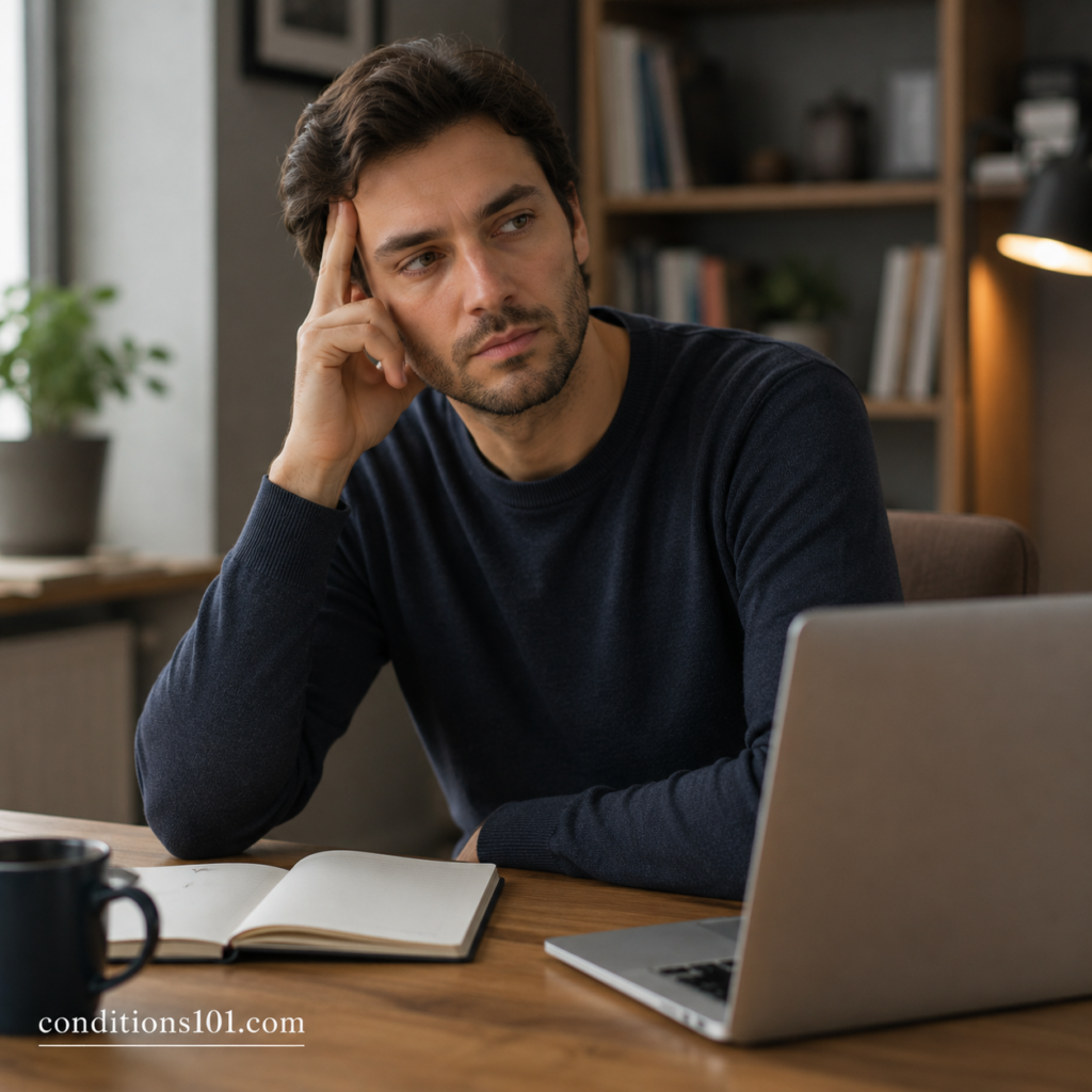 Adult man sitting in a calm home office setting during a thoughtful everyday moment related to sound sensitivity and sensory awareness concepts.